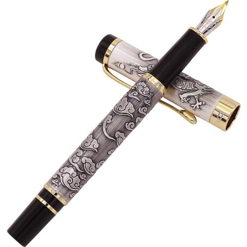 Jinhao 5000 Gray Vintage Luxury Metal Calligraphy Fountain Pen Bent Nib Beautiful Dragon Texture Carving Office Bussiness Pen