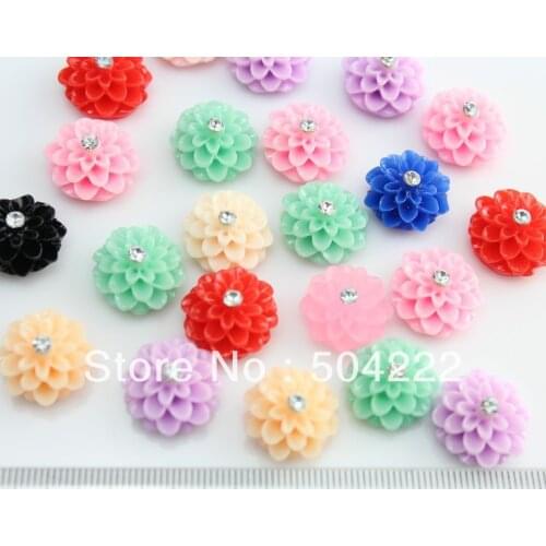 Set of 100pcs lovely dalia mum flower with rhinestone cute resin Cabochon for Kawaii Decoden DIY Projects 16mm -SZ0415
