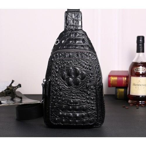 2020 New Mens Chest Bag Crossbody Solid Color Genuine Leather Crocodile Pattern Leisure Time One Shoulder Crossbar Versatile