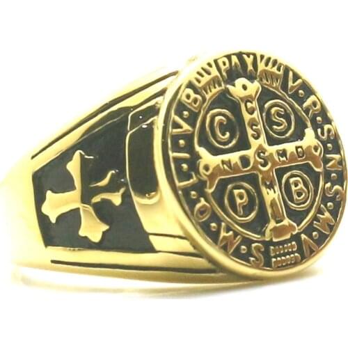 Newest Ladys Size 5 To 10 Saint Benedict of Nursia Christianity Jesus Exorcism 316L Stainless Steel Ring