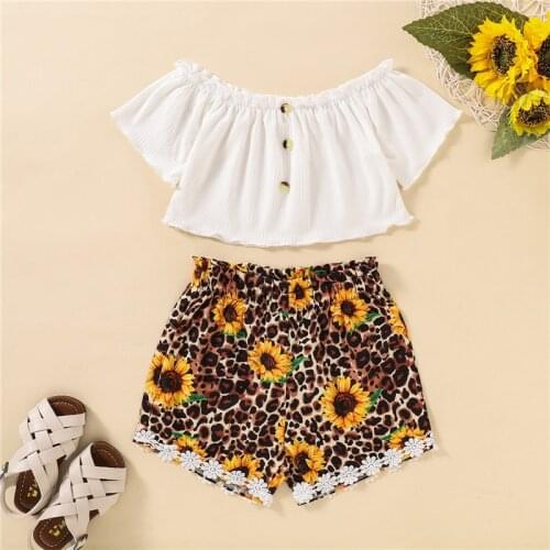 1-6 Years Toddler Girls Summer Outfits Off-Shoulder Solid Color Boat Neck T-Shirt Sunflower Leopard Print Shorts Girls Suits