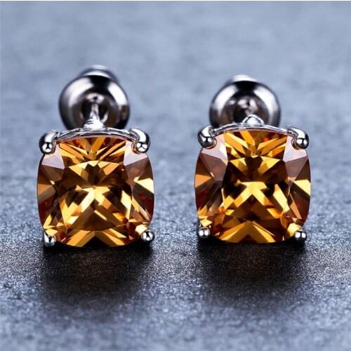 Luxury Crystal Square Stone Earrings Champagne Zircon Stud Earrings For Women Wedding Jewelry Vintage Boho Silver Color Earrings