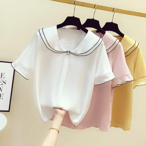 Summer womens large short sleeve shirt casual baby collar Korean version loose chiffon shirt white foreign style bottom blouse