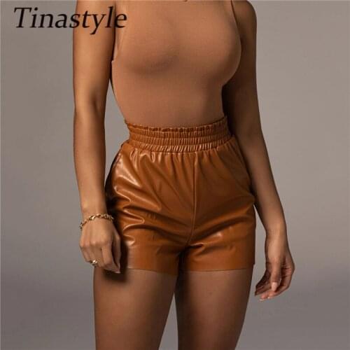 Tinastyle black high waist elastic leather woman shorts sexy skinny bodycon short pants femme shorts fashion party bottoms pants