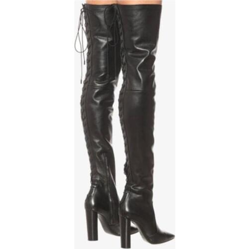 Unisex Men Women Sexy Over-the-Knee Boots Pointed Toe Lace-up Chunky Heels Boots Size 42 43 44 45 9 10 12 13