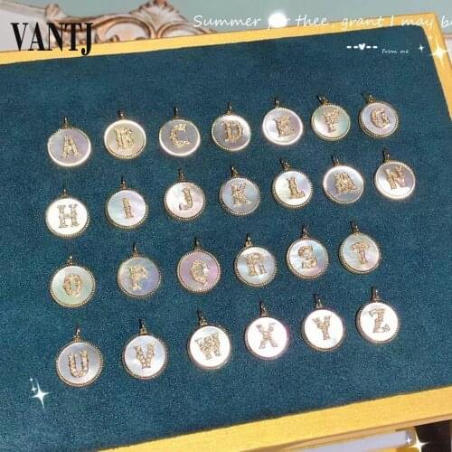 VANTJ Real 18K Gold 26 Letters A-Z Necklace NEW Natural Diamond Shell Pendant with Chain for Women Wedding Valentines Day Gifts