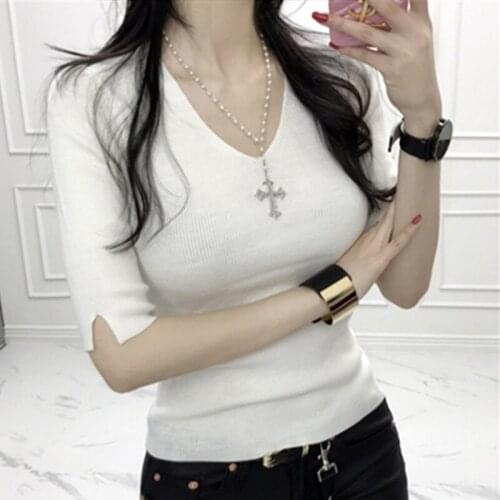 High Elasticity V-neck Knitted Pullover Sweater Fashion Women Sexy Half Sleeve Solid Jumper Female 2021 Spring Slim Tops 13785