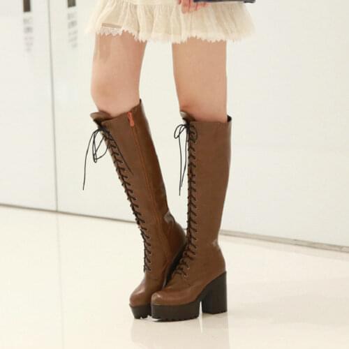 ZawsThia 2021 Winter Western Navy Cowboy Lace-up Platform Chunky High Heels Riding Equestrian Motorcycle Punk Knee High Boots