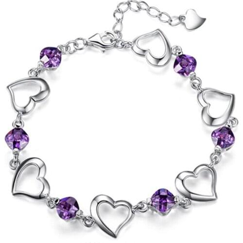 100% 925 sterling silver romantic love heart purple crystal bracelets for women wholesale jewelry birthday gift drop shipping