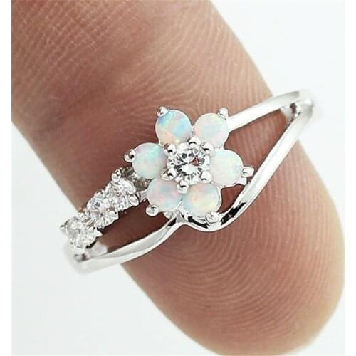 Flower Opals Crystal Rings For Women Silvery Jewelry Vintage Ring Female Blue Redengagement Ring Women Boho Ladies Party Rings