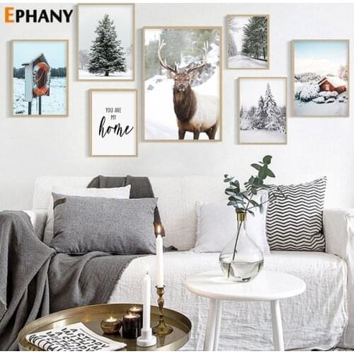 Winter Snow Pine Forest Nature Landscape Canvas Painting Nordic Wild Deer Posters and Prints for Living Room Wall Art Pictures