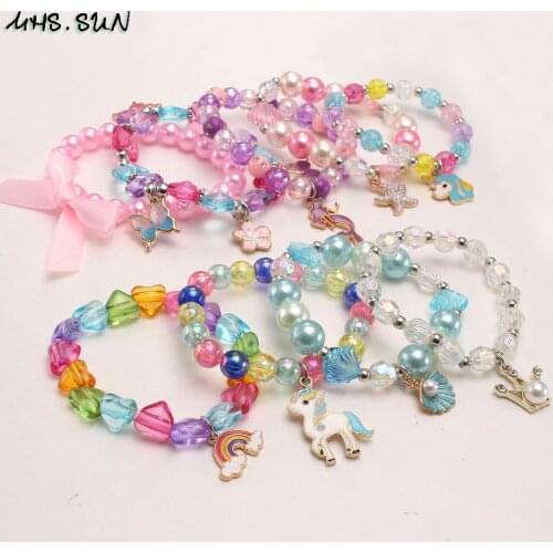 MHS.SUN Cute Girls Kids Unicorn/Rainbow/Mermaid Beads Bracelet Colorful Heart/Round/Shell Elastic Beaded Bracelet Bangles 3Pcs