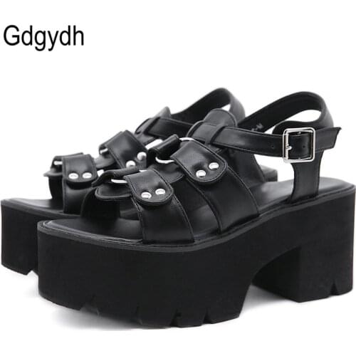 Gdgydh Vintage Rivets Gothic Sandals Chunky Heel Black Leather PU Ladies Comfort Footwear Summer Open Toe Roman Style Wholesale
