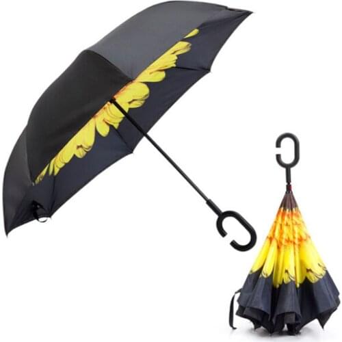 C Shaped Handle Double Layer Umbrella Anti-UV Folding Inverted Upside Down Reverse Windproof Sunflower For Travel