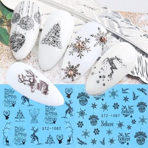 Black Christmas Nail Sticker Elk Deer Tree Snowflake Butterfly Winter Water Transfer Decal Gel Tip Nail Accessory SASTZ1082-1097