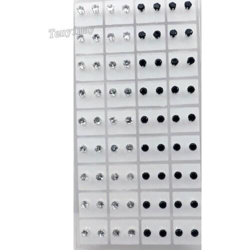 Black And Transparent 5mm Round Shape Zircon Stud Earrings For Women 36 Pairs Wholesale