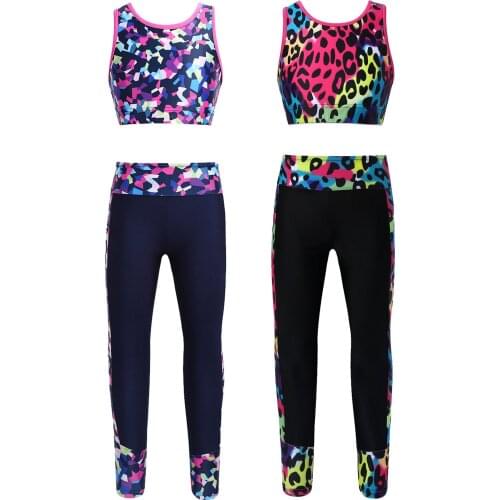 Kids Girls Ballet Dance Set Digital Print Sport Mesh Racer Back Tanks Crop Top with Leggings Workout Dancewear Gymnastics Outfit