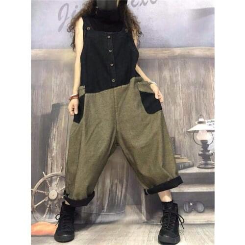 Women Spring Autumn Contrast Color Jumpsuits Ladies Vintage Patchwork Loose Overalls Female 2020 Retro Rompers