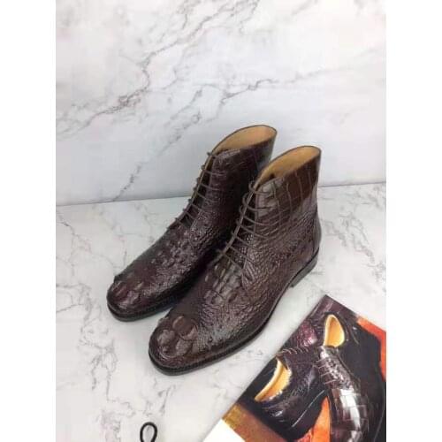 Newly design 100% Genuine crocodile skin head back leather boots winter fashion style men shoe with cow skin lining brown color