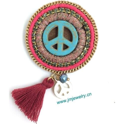Wholesale Fashion costume jewellery unique handmade vintage brooches with a sign of peace tassel pendants leather back