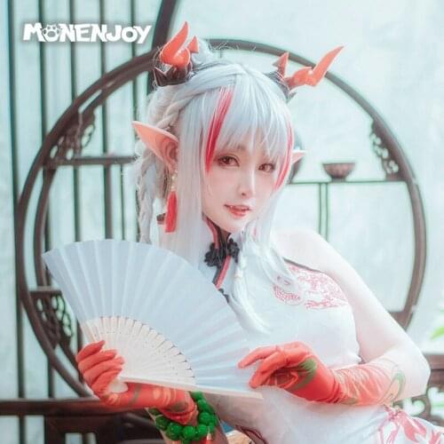 Monenjoy Arknights Nian Cosplay Wig Unfettered Freedom Gray Highlights Red Cos Hair