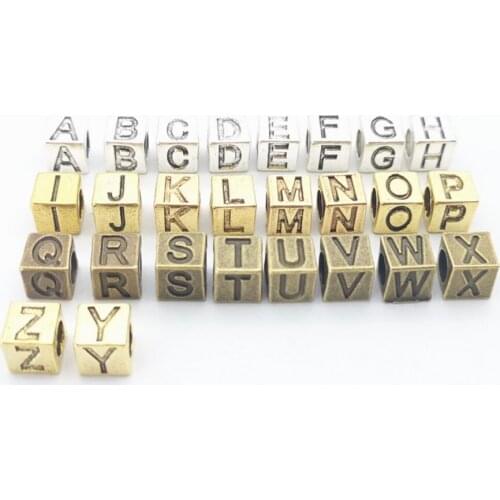 100pcs Antique silver color gold alphabet initial charms square beads pendant for bracelet earring necklace diy jewelry making