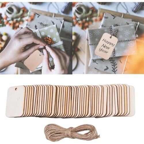 Rectangle Shaped Natural Wood Slice with Hemp Rope for DIY Wood Carfts Wedding Birthday Gift Tag Christmas Hanging Decor Pendant