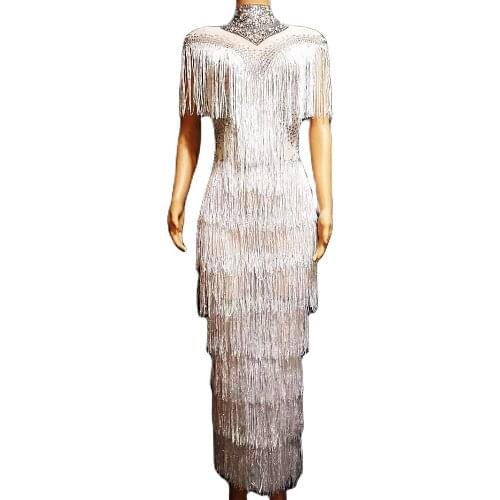 Luxury Glistening Rhinestones White Tassel Women Long Dresses Mesh See Through Split Dresses Birthday Celebration Prom Costumes