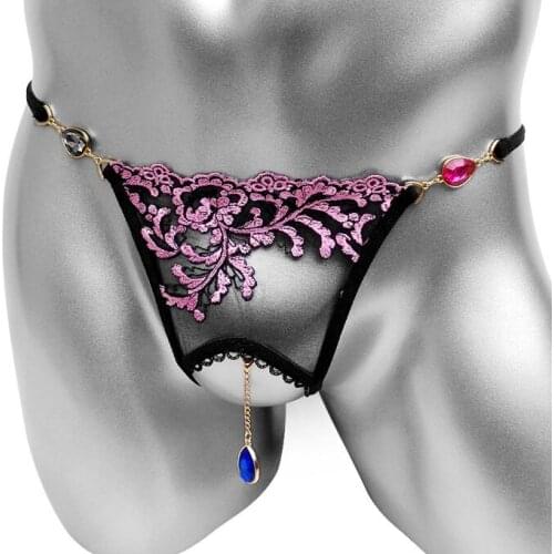 Sissy Erotic Panties Mens Lingerie Sexy Embroidery Crotchless With Pendant Open Crotch Underwear