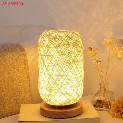 Nordic Wood Table Lamp Bedroom Bedside Lamps Art Decoration Desk lamp Rattan Twine Ball Lights