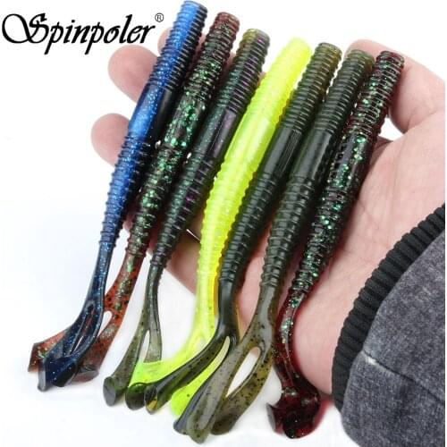Spinpoler 5pcs Bass Legend-Fishing Soft Plastic Stick Bait Wacky Worm Bass Soft Jerk Bait 6''/0.36oz With Double Kicking Tails