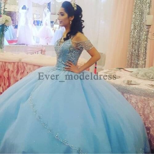 Light Sky Blue Luxury Prom Dresses 2019 V-Neck Backless Ball Gown Off Shoulder Tulle Vestidos De Festa Evening Party Gowns