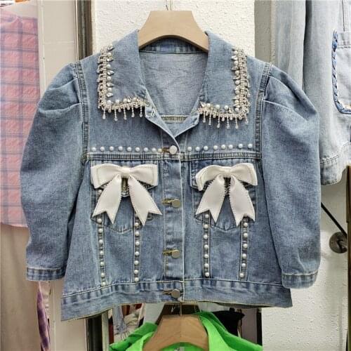 Cropped Denim Jacket Women Beads Diamond Collar Loose Short Jean Coat Girls Ladies Cool Outwears 2021 Spring Autumn Blue