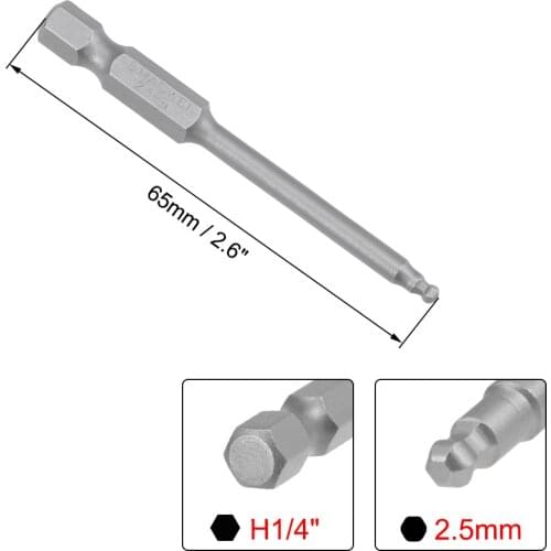 Uxcell H2.5 (2.5mm) Ball End Screwdriver Bits S2 Steel Magnetic 2.6 Inch Long Drill Bit with 1/4 Inch Hex Shank for Drill