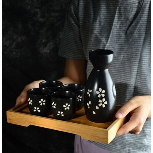 Japanese Sake Wine Warmer 1 Pot 4 Cups Ceramic Wineware Cherry Blossom Pattern Sake Pot Yellow Wine Cup Sake Pot Elegant Gift