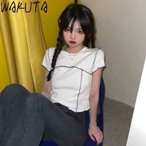 WAKUTA INS Chic Short Sleeve Tshirt Tops Women Korean Fashion 2021 Summer Bright Line Decoratived All Match Tshirts Streetwear