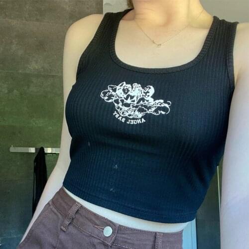 Women Casual angel Pattern Crop Tops Summer Cropped Sexy Tight Attractive Fitness Polyester U Neck Fashion Sleeveless Straps Bar