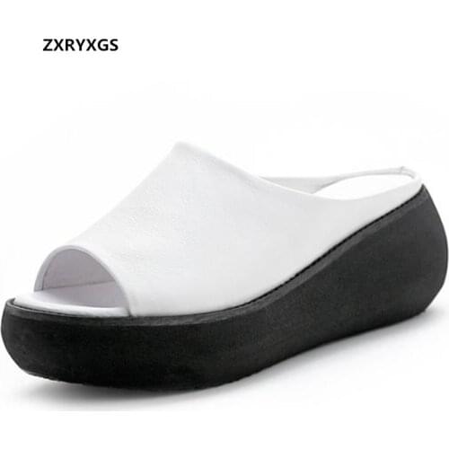 2021 Fish Mouth High Quality Soft Cowhide Sandals Summer Womens Slippers Platform Wedges Slippers Heighten Shoes Women Sandals