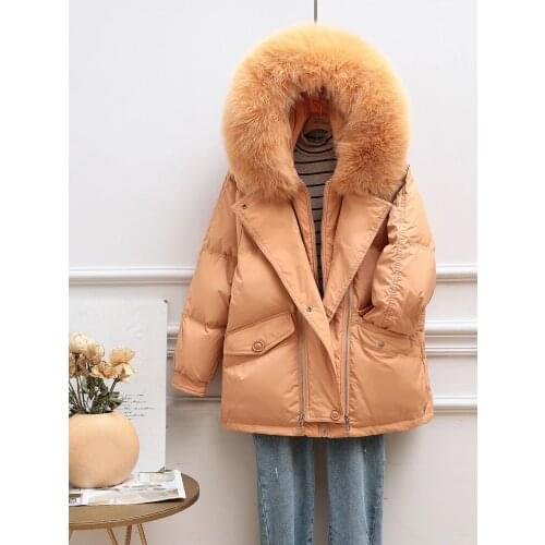 Women 2021 Winter Fashion Solid Color Thickened Coats Female White Duck Down Overcoats Ladies Real Fox Fur Hooded Jackets R293