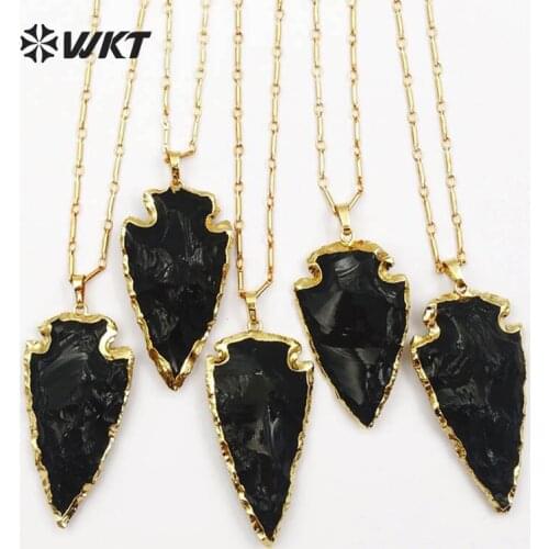 WT-N1113 WKT Natural stone necklace arrowhead shape black stone pendant with 18 inch gold color link chain for women jewelry