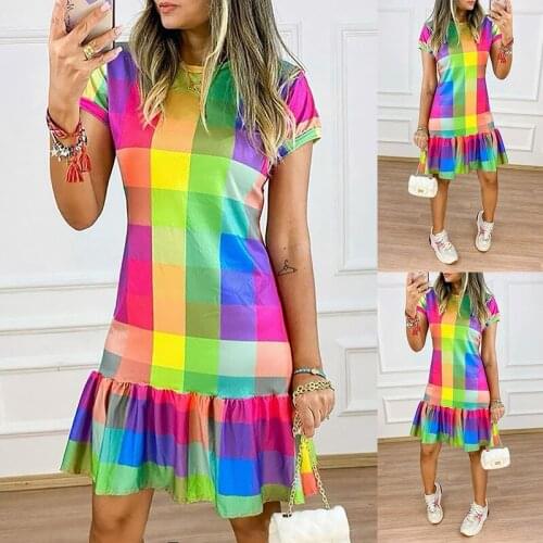 Womens Multi Rainbow Plaid Mini Dress Summer Fashion Female O-Neck Short Sleeve Ruffle Dance Pole Party Vestidos WDC8359