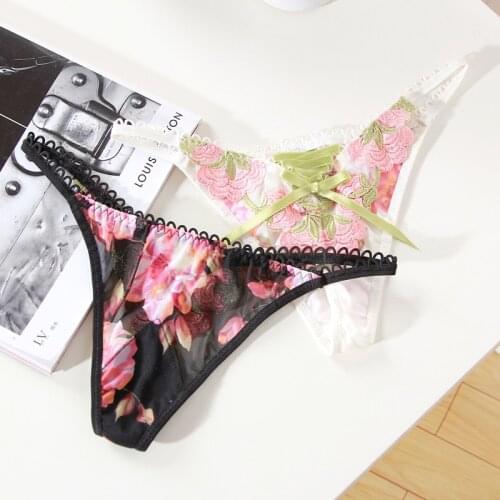 ACOUSMA Women Summer Ultra Thin Sexy G-String T Back Thongs Floral Print Embroidery Special Lace Up Design Seamless Comfortable