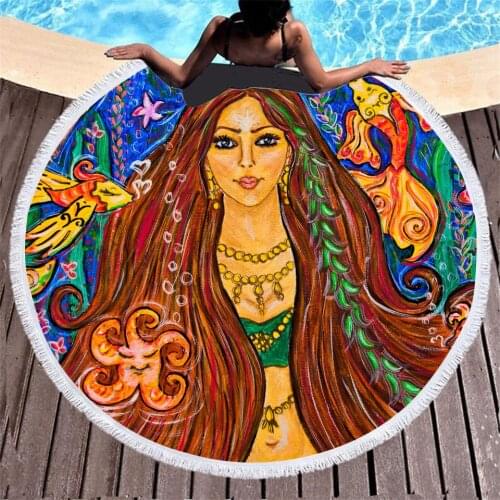 Ancient Egyptian Womens Adult Print Microfiber Bath Towels Fashion Adult Swim Surf Quick Dry Round Beach Towel with Tassels