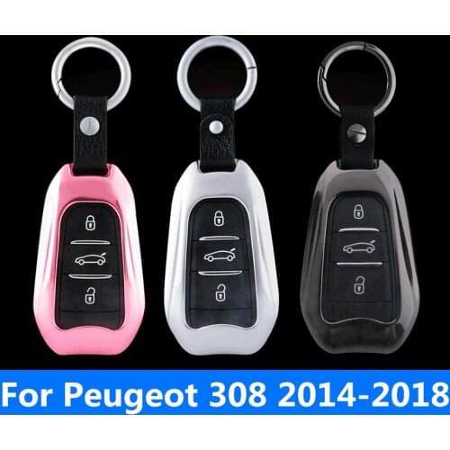 Car Key Cover Zinc Alloy+Leather Case Bag Keychain Skin Set Car accessories Auto Accessories For Peugeot 308 2014-2018
