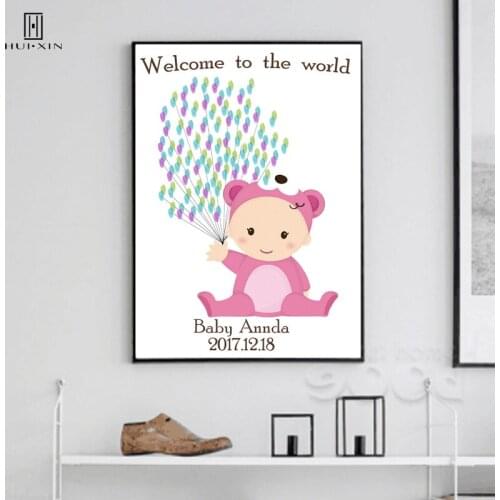 Welcome to the World Baby Shower Party Best Souvenir Gift DIY Fingerprint Signature Guest Book Lovely Pink Baby with Balloons