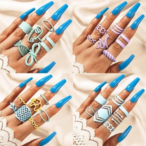 HuangTang Boho Colorful Snake Rings Sets for Women Girls Hollow Heart Star Open Joint Rings Beach Jewelry Accessories Anillo
