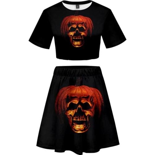 Halloween Ttacksuit women 3D Printed kpop Fashion 2019 2 Piece Set Short Sleeve Crop Top+Skir Streetwear Clothes