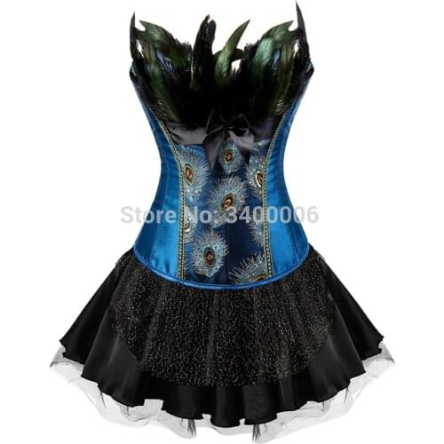 Peacock Embroidery Princess Costumes Burlesque Overbust Corsets Dresses Showgirl Dance Tutu Skirt Feather Bodyshaper Plus Size