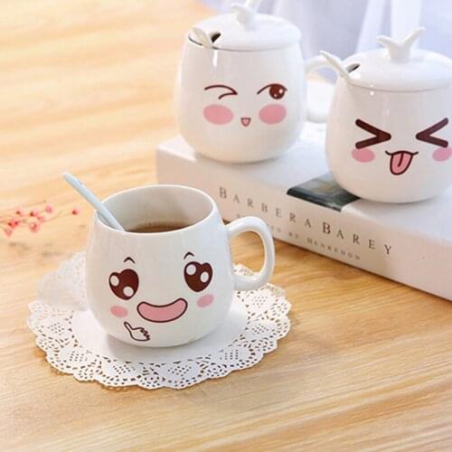 Creative Ceramic Expression Cup Cartoon Cute Mug Coffee Cup Ceramic Mug Tea Cup Coffee Mug Water Bottle with Lid Spoon Girl Gift