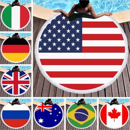 150cm Microfiber Round Beach Towel With Tassels USA UK Brazil Italy Russia Canada Australia Israel Flag Printed Adult Bath Towel